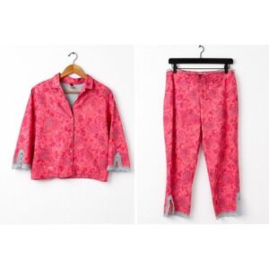 Josie Natori Pink Paisley Pajama Set Crop Small 100% Cotton Lace Trim Lounge Set
